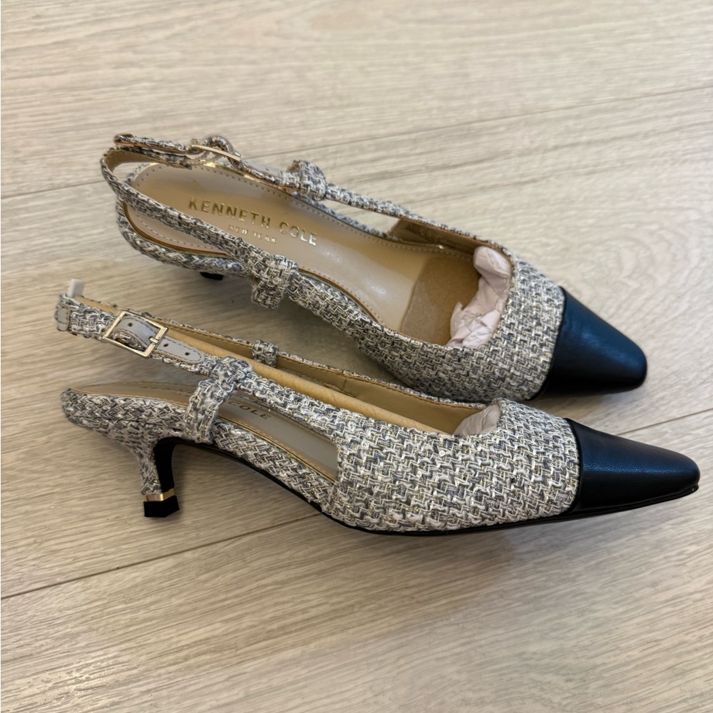 Kenneth Cole Tweed Slingback Heels - Black and Cream